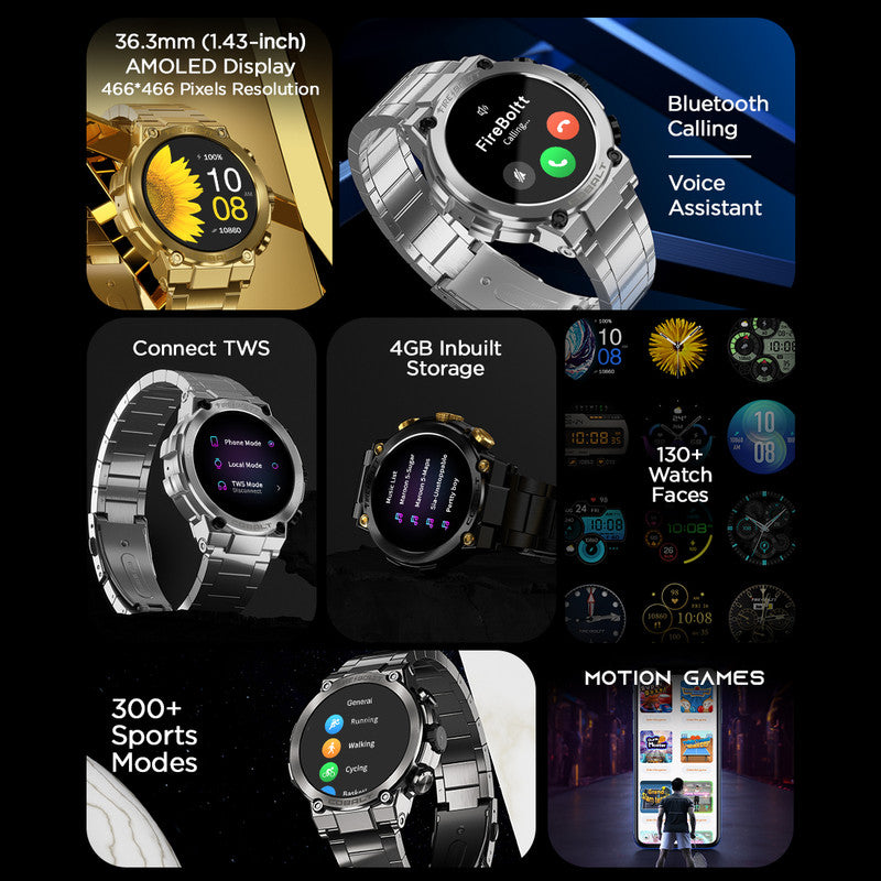 Fire-Boltt Cobalt 36.3mm AMOLED display, BT call, 300+ sports modes, 4BG storage, IP67 Smartwatch