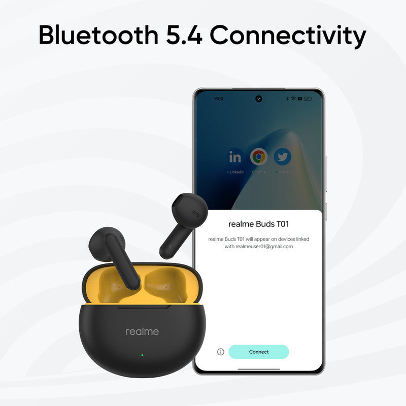 realme Buds T01 TWS Earbuds | 13mm Dynamic Bass Driver | 28Hrs Playback | 10Min=120Min Fast Charge | AI ENC for Calls | 88ms Low Latency | Bluetooth 5.4 | Google Fast Pair | IPX4 | Black