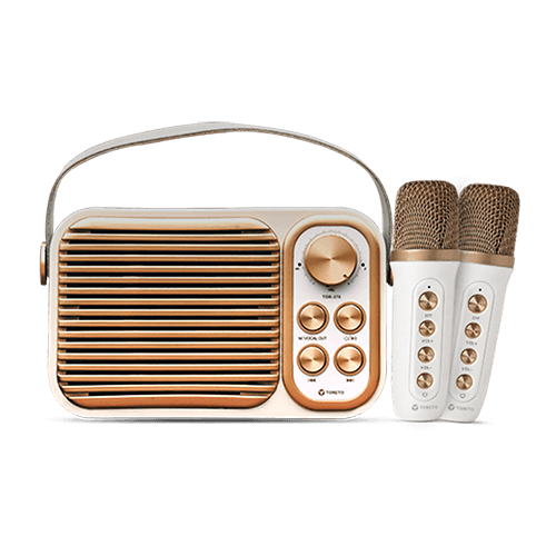 Toreto Retromini Wireless Bluetooth Speaker 14watt with Dual Wireless Karaoke Mic | Fast Charging | Voice Changing Feature | Deep Bass I USB I TWS I Aux I Outdoor Speaker | Carrying Strap - Nalanda Enterprises
