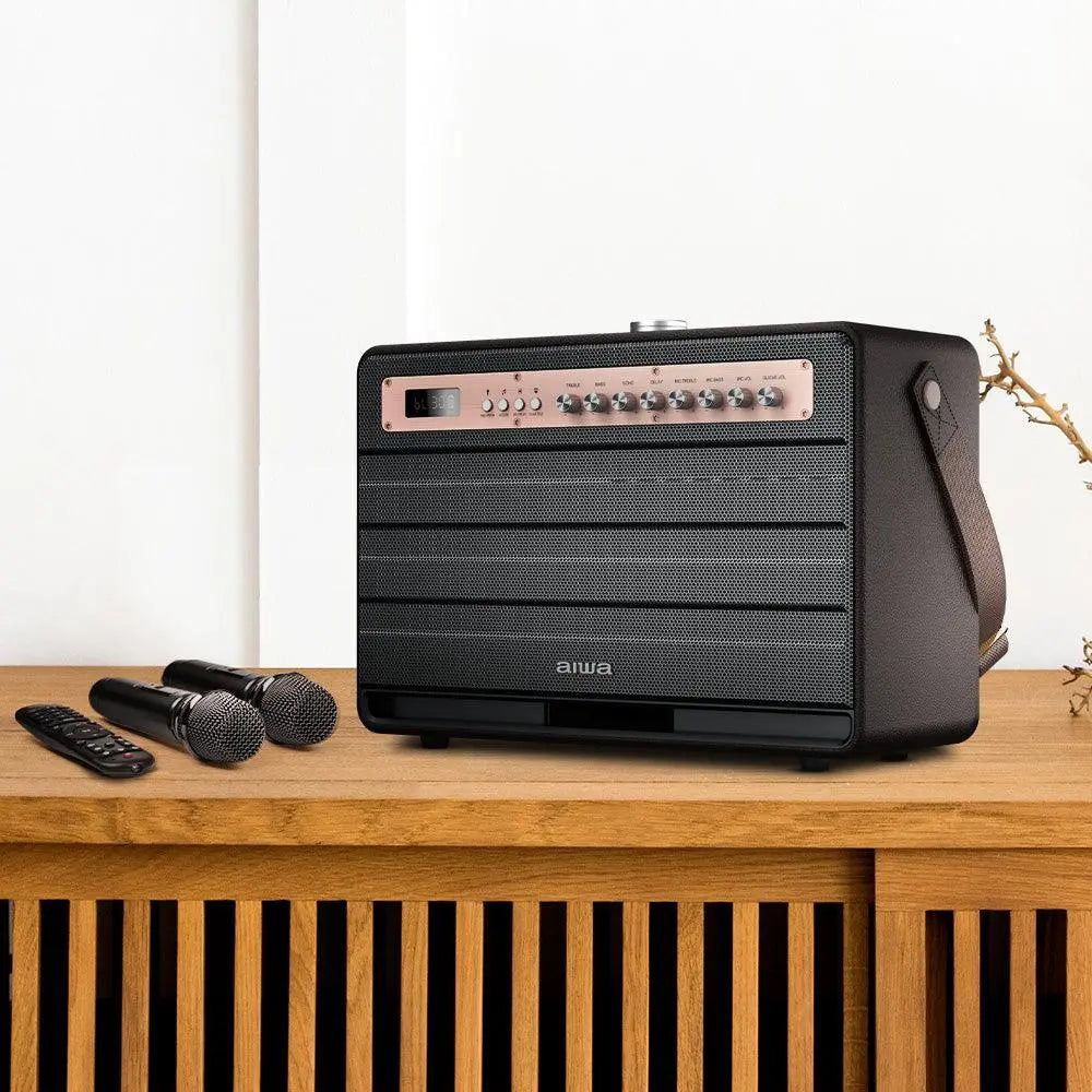 Aiwa Bluetooth Speaker | Long Battery Life | Built-in Microphone | karaoke speaker with 2 wireless microphones | MI-X450 Enigma 450 W Bluetooth Home Audio Speaker (Rose Gold, Black, 2.1 Channel) - Nalanda Enterprises