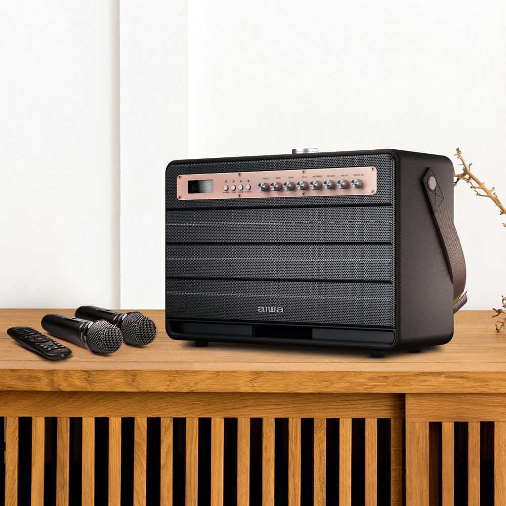 Aiwa Bluetooth Speaker | Long Battery Life | Built-in Microphone | karaoke speaker with 2 wireless microphones | MI-X450 Enigma 450 W Bluetooth Home Audio Speaker (Rose Gold, Black, 2.1 Channel) - Nalanda Enterprises