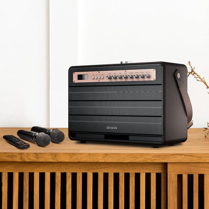 Aiwa Bluetooth Speaker | Long Battery Life | Built-in Microphone | karaoke speaker with 2 wireless microphones | MI-X450 Enigma 450 W Bluetooth Home Audio Speaker (Rose Gold, Black, 2.1 Channel) - Nalanda Enterprises