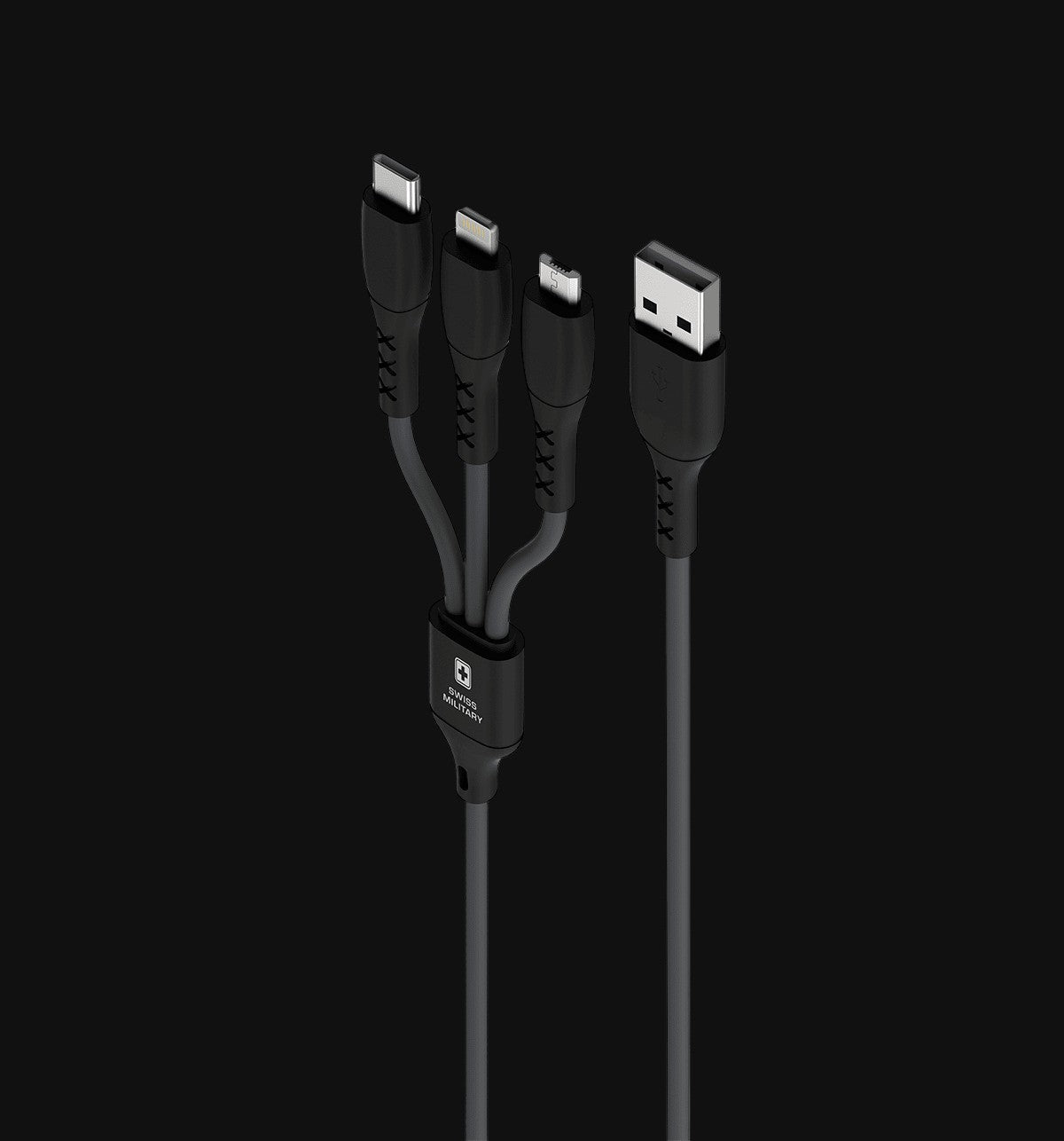 Swiss Military Audio Trio 3-in-1 Cable — 1m, USB to Micro/Type-C/Lightning, 3A fast charge