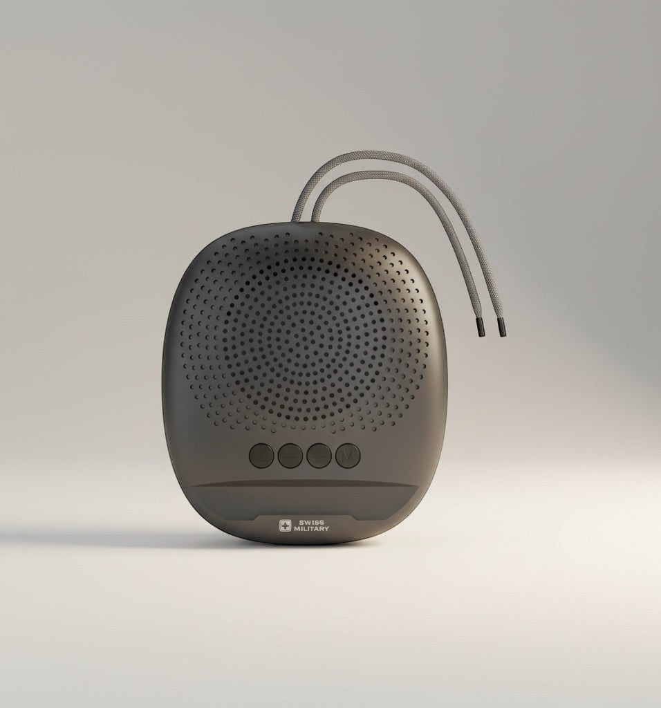 Swiss Military Audio ANCHA DUDE 5W portable Bluetooth speaker with TWS, FM radio, and mobile holder. Black.