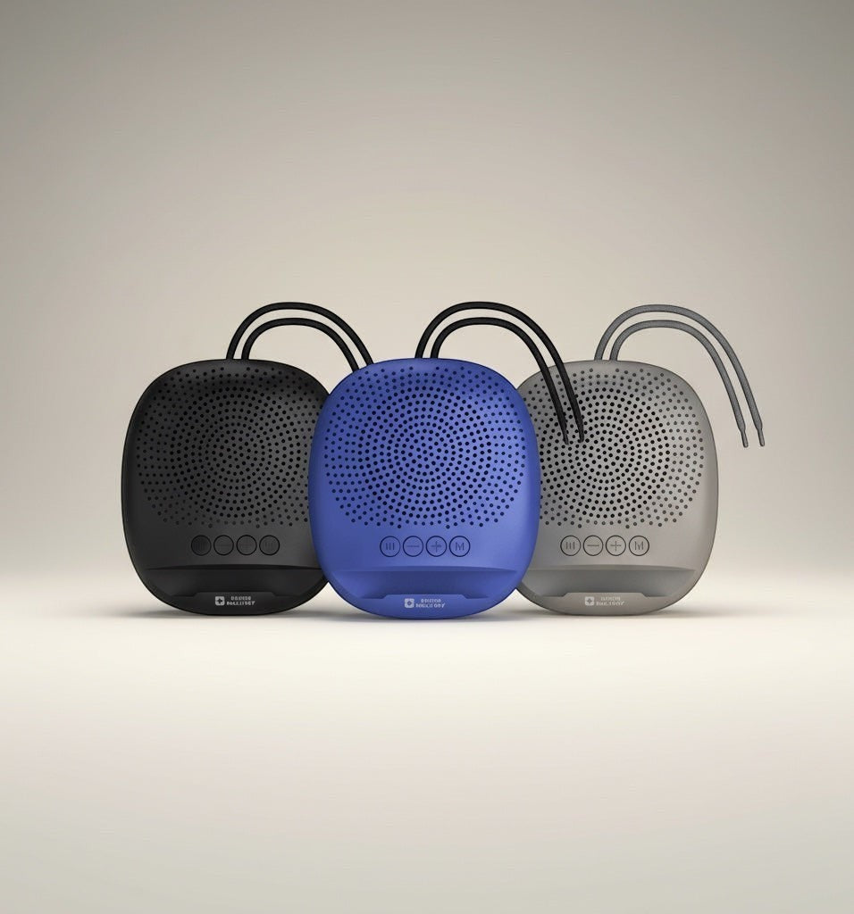 Swiss Military Audio ANCHA DUDE portable Bluetooth speaker in black, blue, and grey. Features 5W output, TWS, 10hr playtime, USB/TF, Type-C charging, FM radio, and mobile holder.