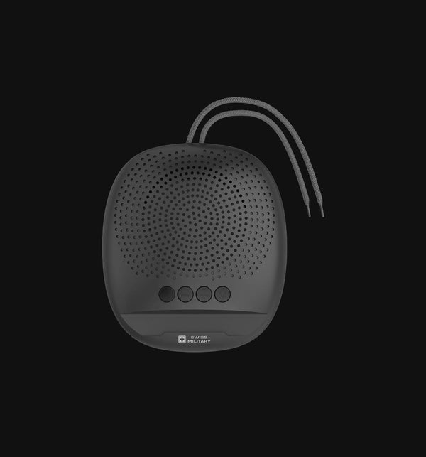 Swiss Military Audio Ancha Dude 5W Bluetooth speaker in black with TWS function, USB/TF, Type C charging, FM radio, and mobile phone holder.