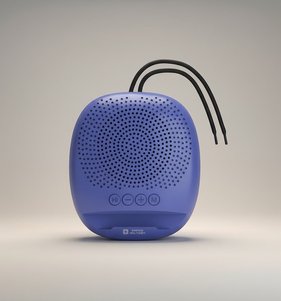 Swiss Military Audio ANCHA DUDE 5W Bluetooth speaker in blue with TWS function, USB/TF, Type C charging, FM radio, and mobile phone holder.