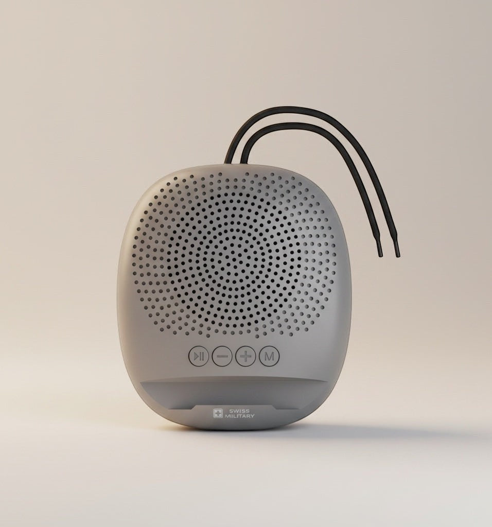 Swiss Military Audio ANCHA DUDE 5W portable grey Bluetooth speaker with TWS function, USB/TF, FM radio, and phone holder.
