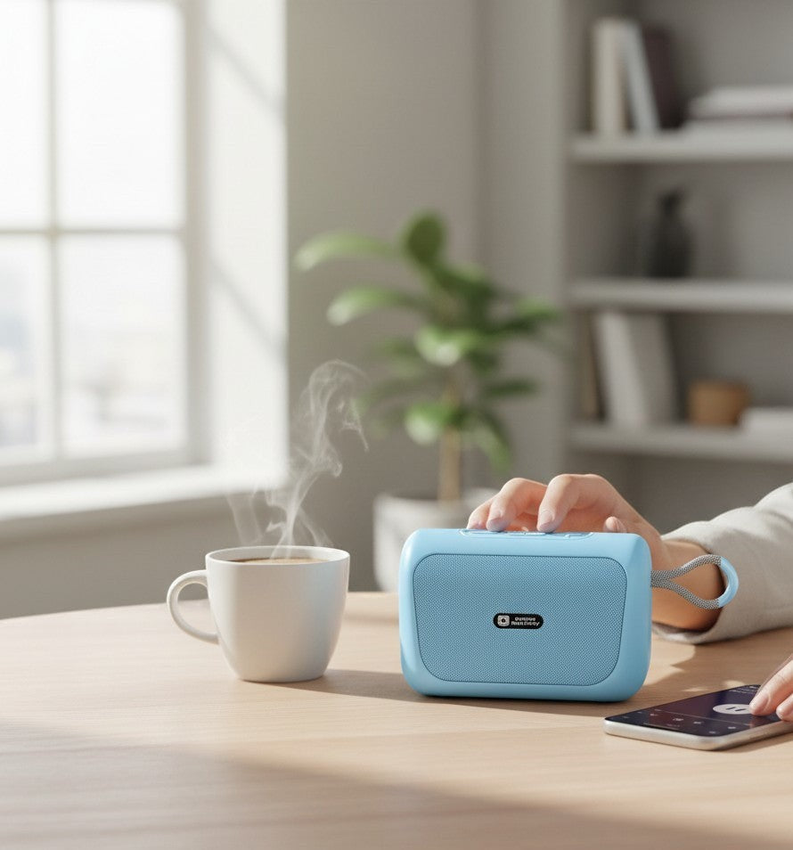 Swiss Military Audio ANCHA MI portable light blue Bluetooth speaker with fabric grille and carrying loop, held in a hand.