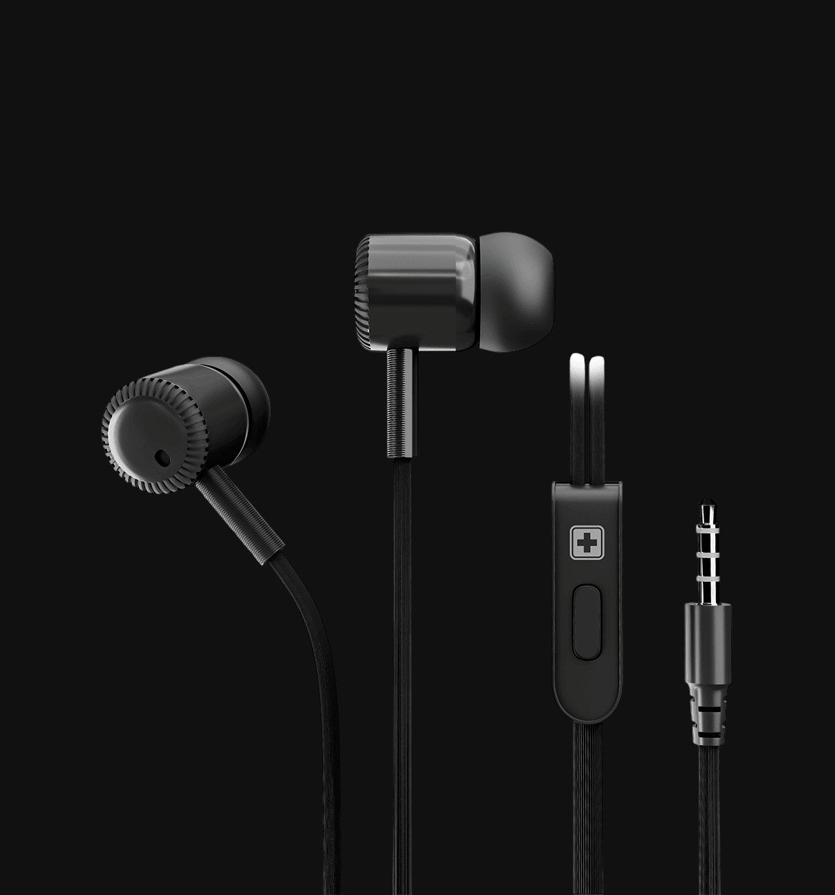 Swiss Military Audio black in-ear earphones with 3.5mm jack, integrated mic controls, and soft earbuds.