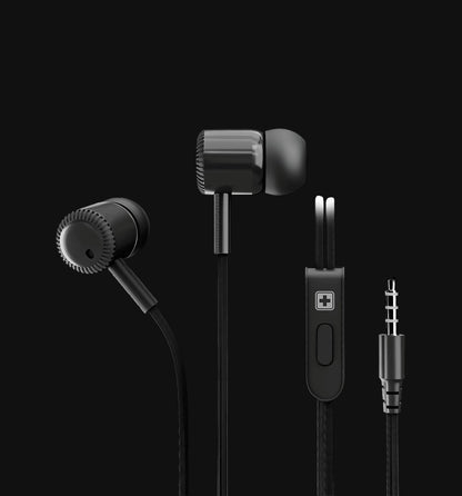 Swiss Military Audio black in-ear earphones with 3.5mm jack, integrated mic controls, and soft earbuds.