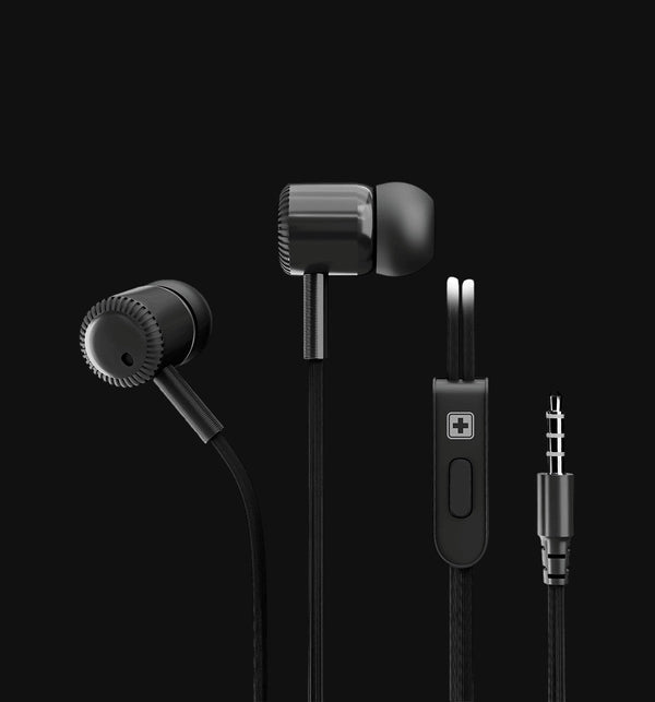 Swiss Military Audio black in-ear earphones with 3.5mm jack, integrated mic controls, and soft earbuds.