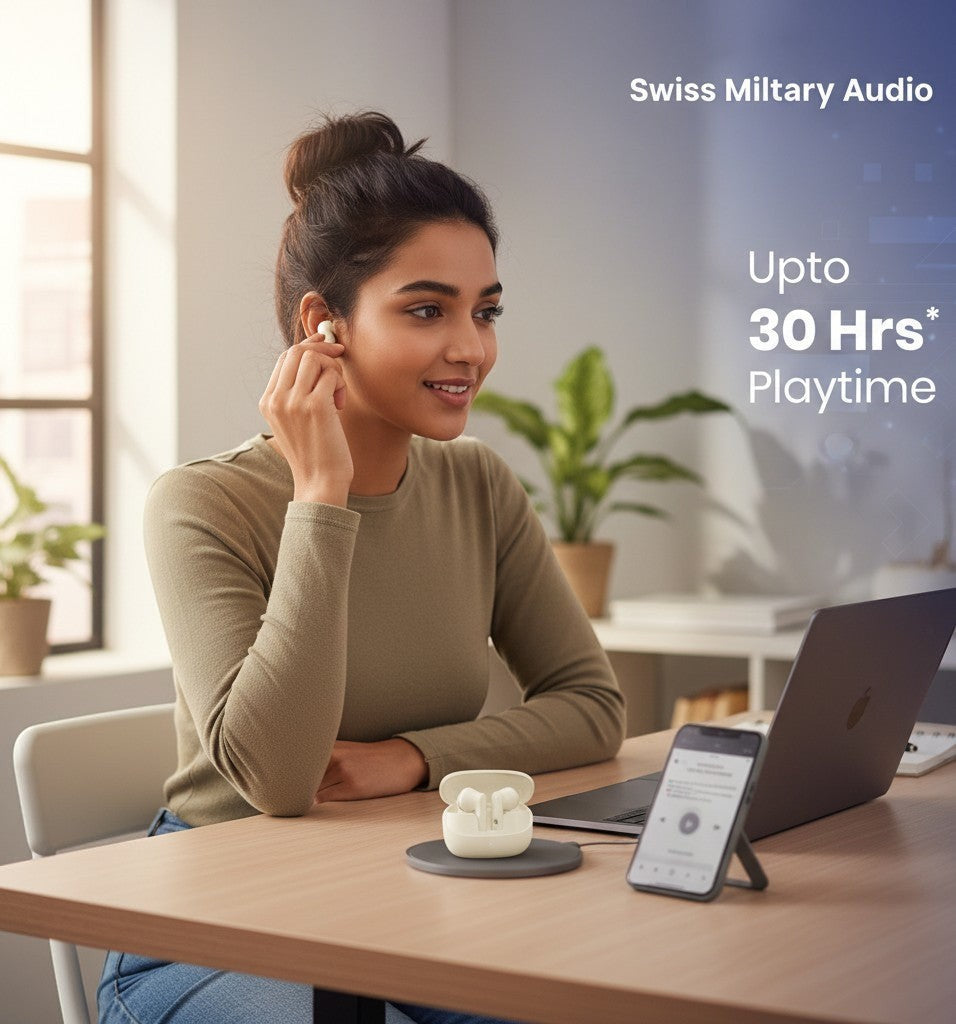 Swiss Military Audio SWISS EARBUDS BLO PODS, beige wireless earbuds with charging case, touch and voice control, 30-hour playtime.