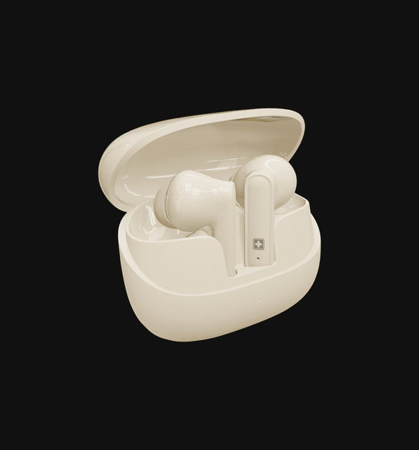 Swiss Military Audio SWISS EARBUDS BLO PODS, white wireless earbuds with charging case, touch and voice control.