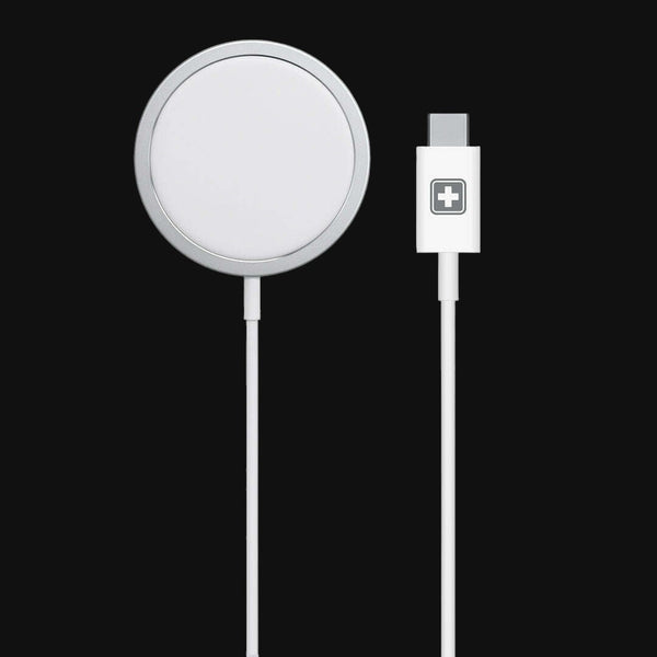 Swiss Military Audio SM MAG-PAD 15W wireless charger with Type C cable. Silver and white.