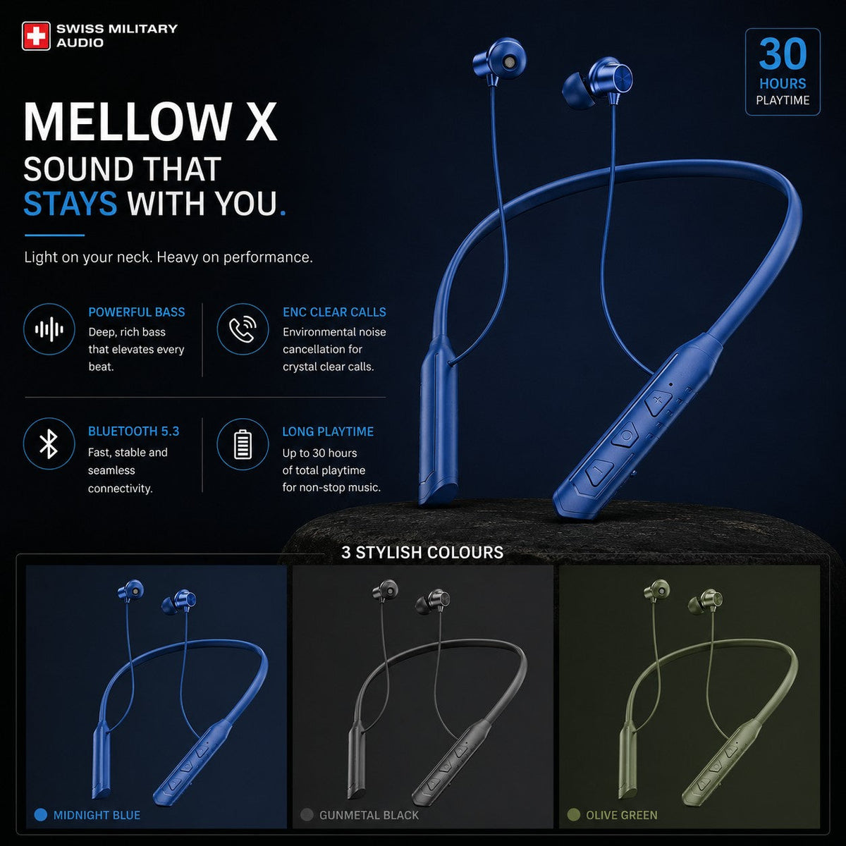 Swiss Military Audio Mellow X midnight blue neckband earbuds with dynamic bass and 30-hour playtime.