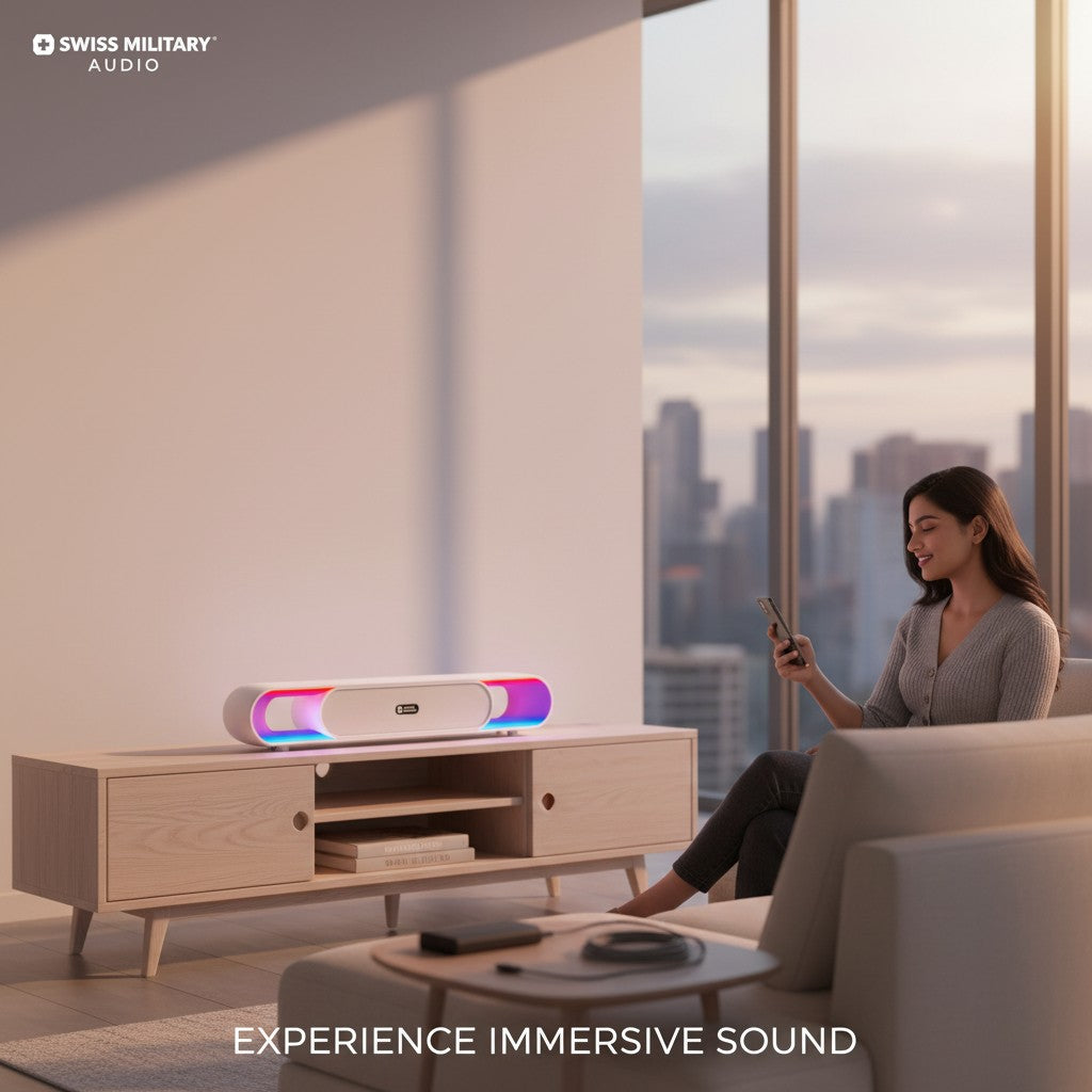 Swiss Military Audio MORTLEY GLEAM 20W Bluetooth soundbar with RGB lighting and TWS mode.