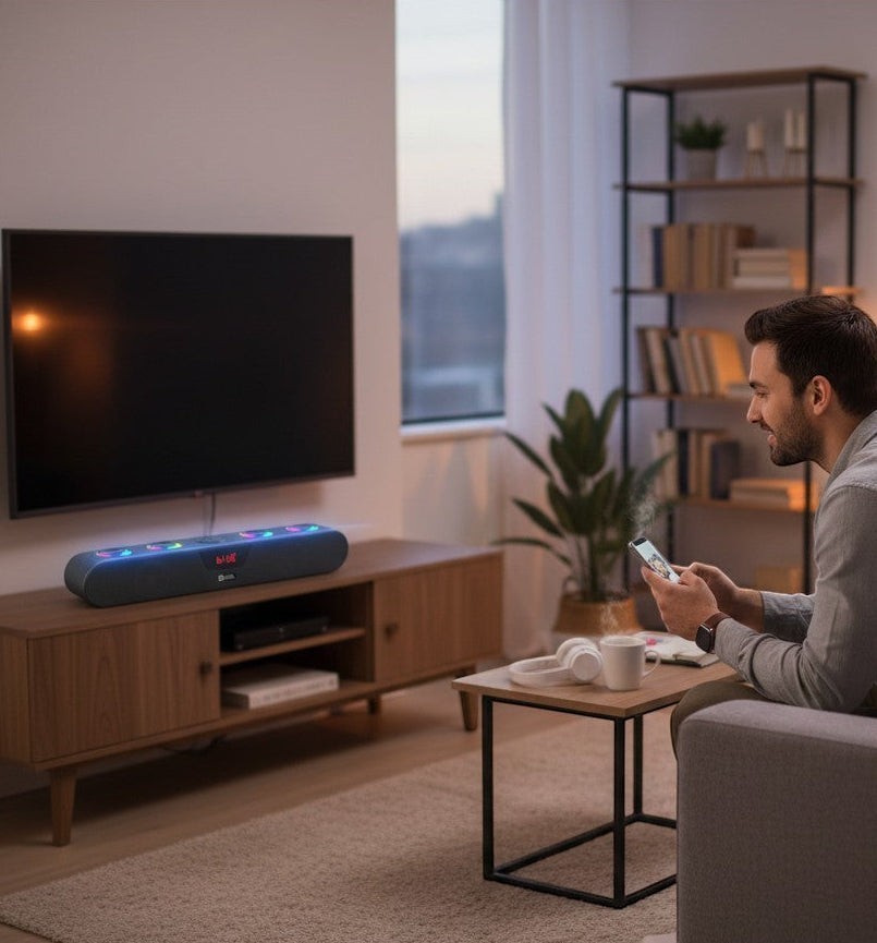 Swiss Military Audio MORTLEY QUA 30W Bluetooth soundbar with RGB lighting and digital display.