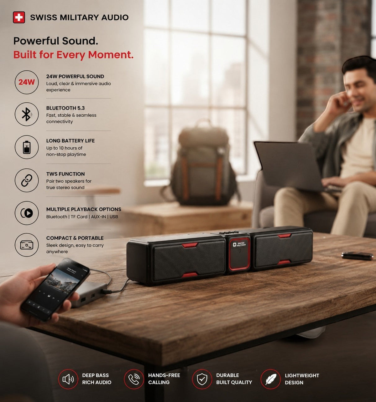 Swiss Military Audio Mortley Rumble BT 24W black soundbar with red accents, featuring Bluetooth 5.3 and USB/AUX/TF support.
