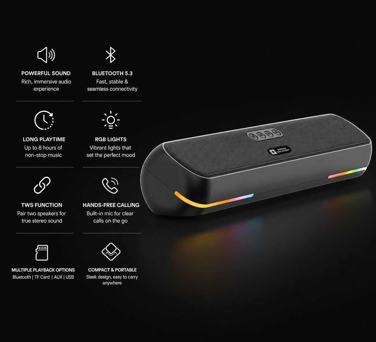 Swiss Military Audio MORTLEY-UP 20W black Bluetooth soundbar speaker with RGB lights and TWS function.