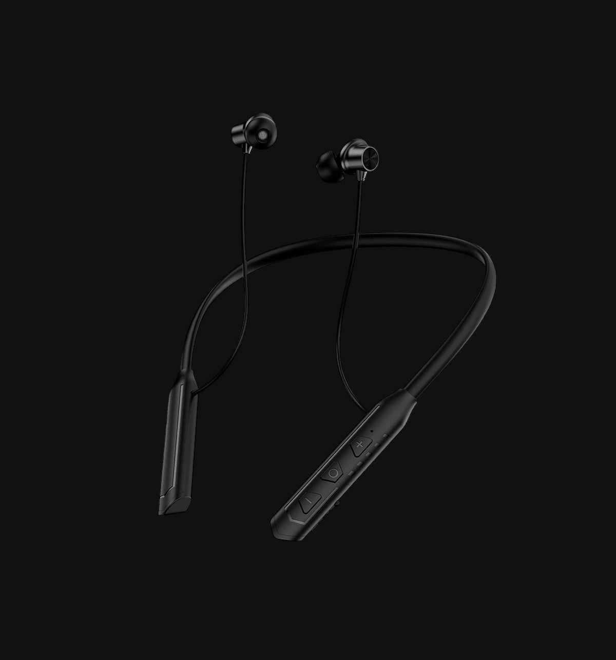 Swiss Military Audio SWISS NECKBAND - MELLOW-X black wireless earbuds with soft in-ear design and volume controls.