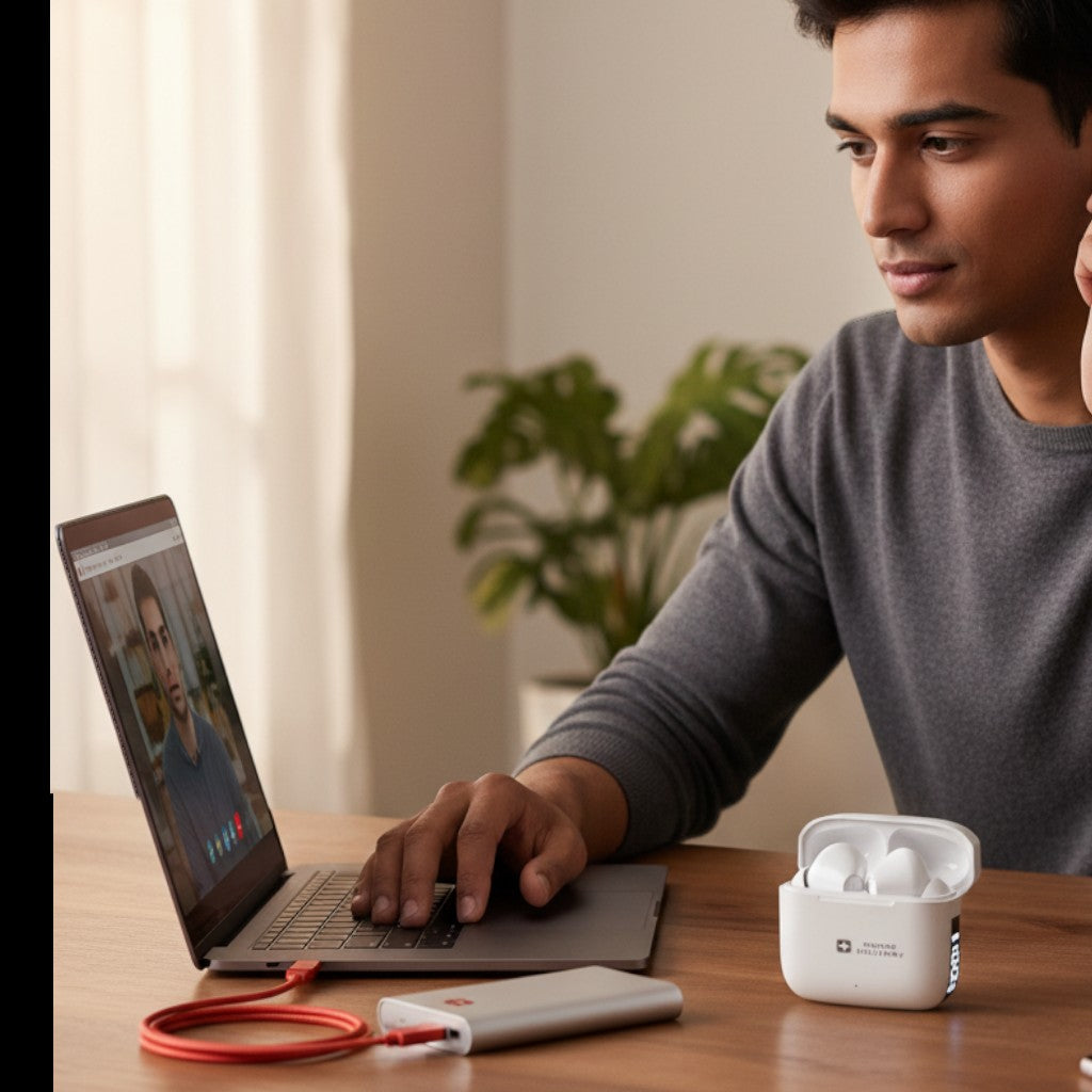 Swiss Military Audio OCTA LITE white wireless earbuds with charging case featuring digital battery display and touch controls.
