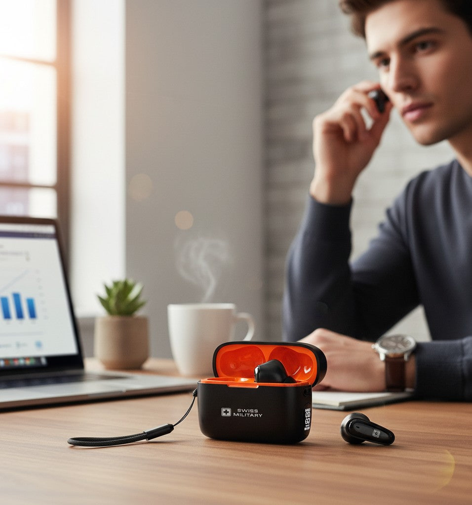 Swiss Military Audio Octa Pods true wireless earbuds in black with orange interior, featuring LED display and charging case.