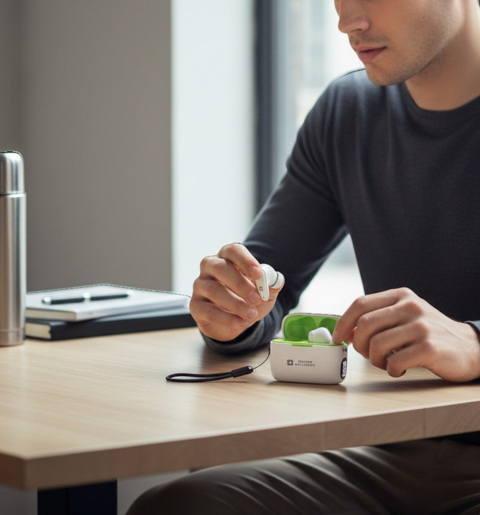 Swiss Military Audio Octa Pods true wireless earbuds in white with a bright green interior charging case and LED display.