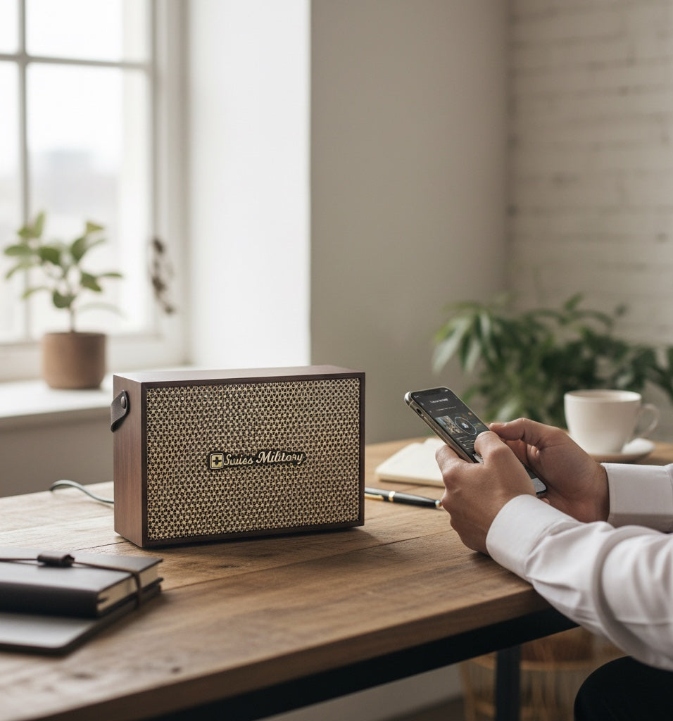 Swiss Military Audio RETRO CLASSIC 2.0 Bluetooth speaker with old school wooden design, leather strap, and retro grille.
