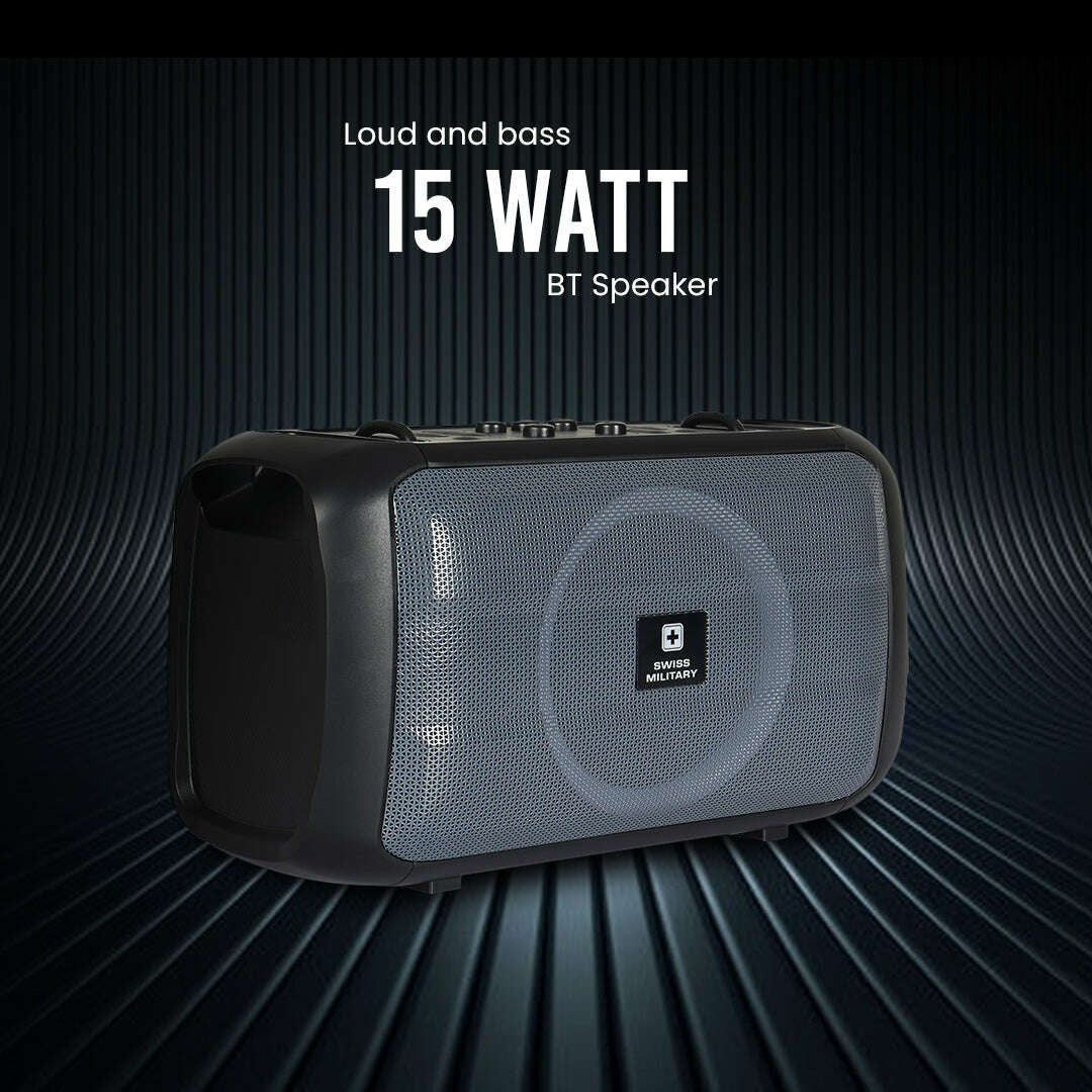 Swiss Military Audio SM Seismic portable BT speaker in black with grey mesh grill, 15W, Bluetooth 5.0, RGB lights.