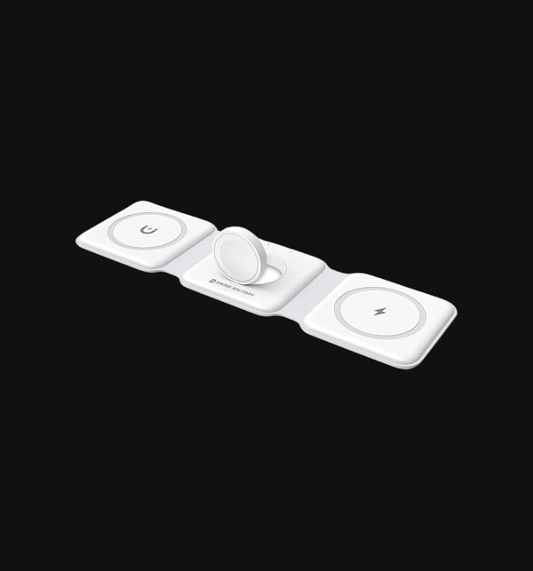 Swiss Military Spark Trio white 3-in-1 magnetic wireless charger with foldable design and magnetic stand.