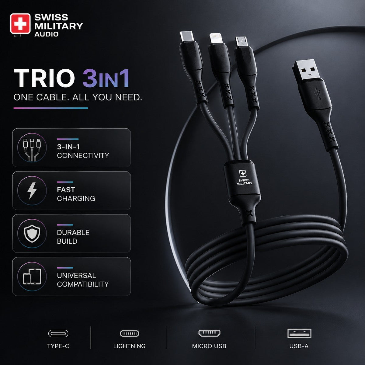 Swiss Military Audio Trio 3-in-1 charging cable with USB-A, USB-C, Micro USB, and Lightning connectors. Durable and fast charging.