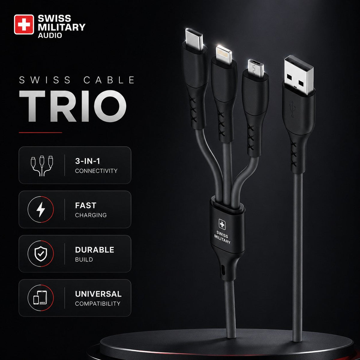 Swiss Military Audio black 3-in-1 charging cable with USB, Micro USB, Type-C, and Lightning connectors. Fast charge, durable build.