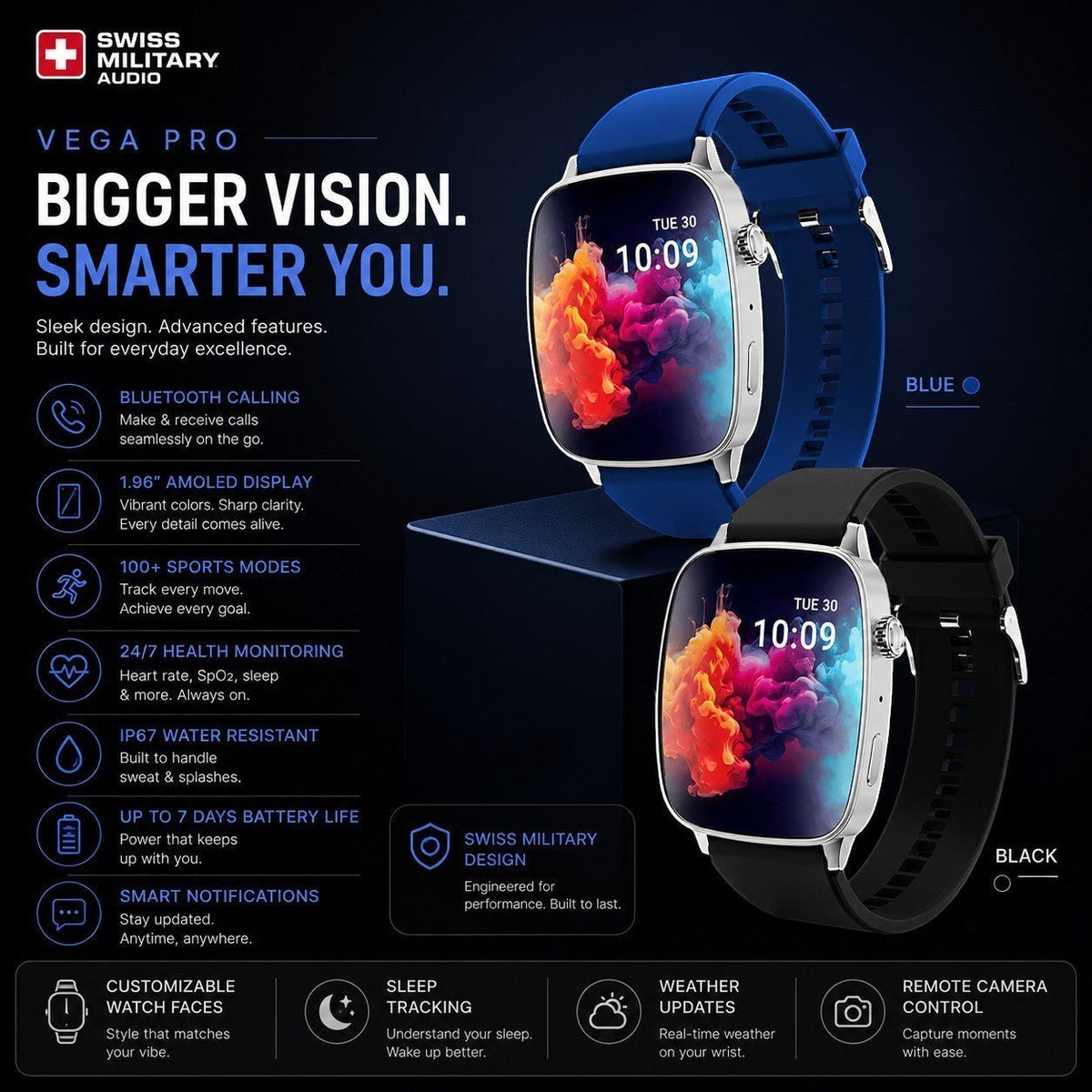 Swiss Military Audio VEGA PRO smartwatch with a 2.04 inch AMOLED screen, available in blue and black.