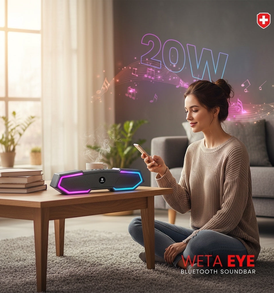 Swiss Military Audio WETA EYE 20W Bluetooth soundbar with RGB lighting and high bass. Features TWS mode, USB, AUX, TF, Type C charging, and FM radio.