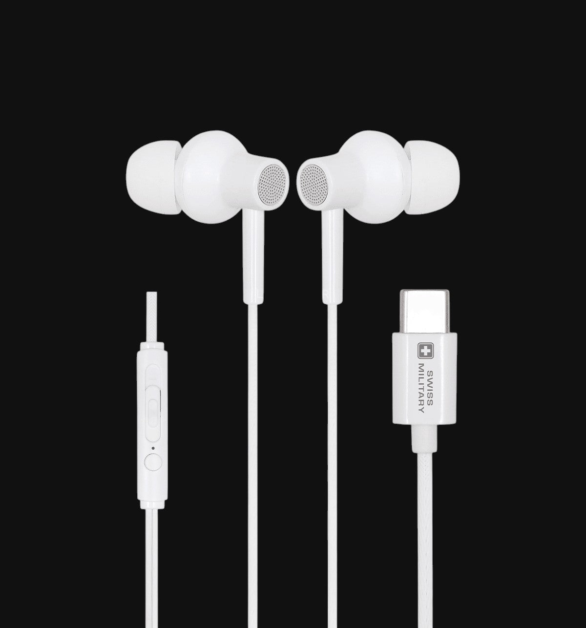 Swiss Military Audio white Type-C earphones with ergonomic design, integrated mic, and superior bass.