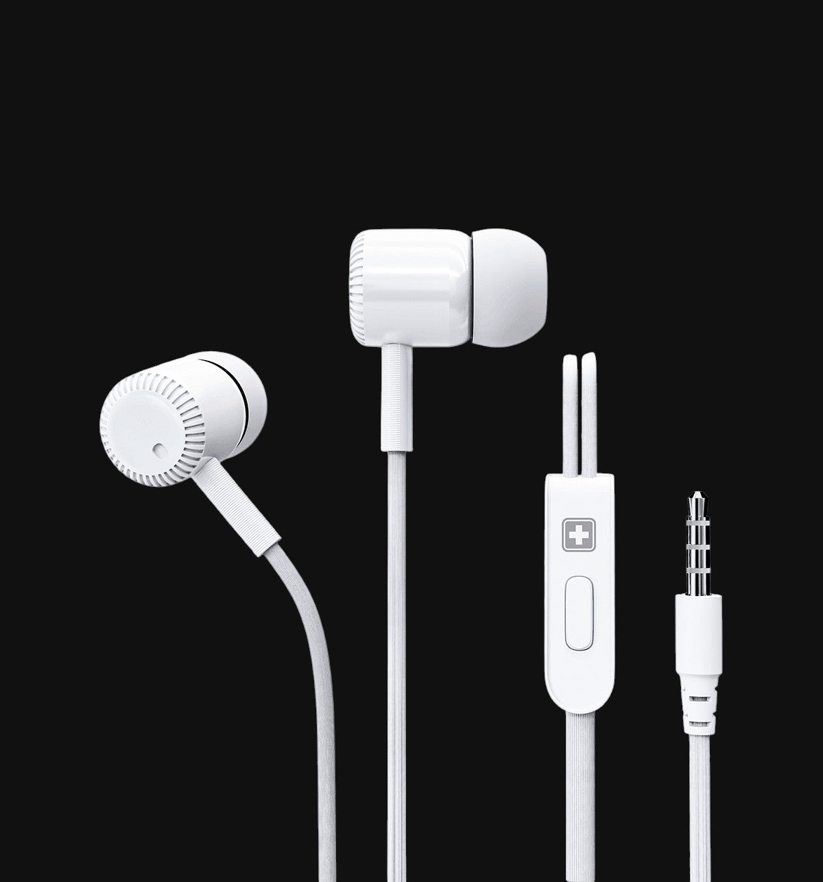 Swiss Military Audio white wired earphones with 3.5mm jack, ergonomic design, and integrated mic controls.