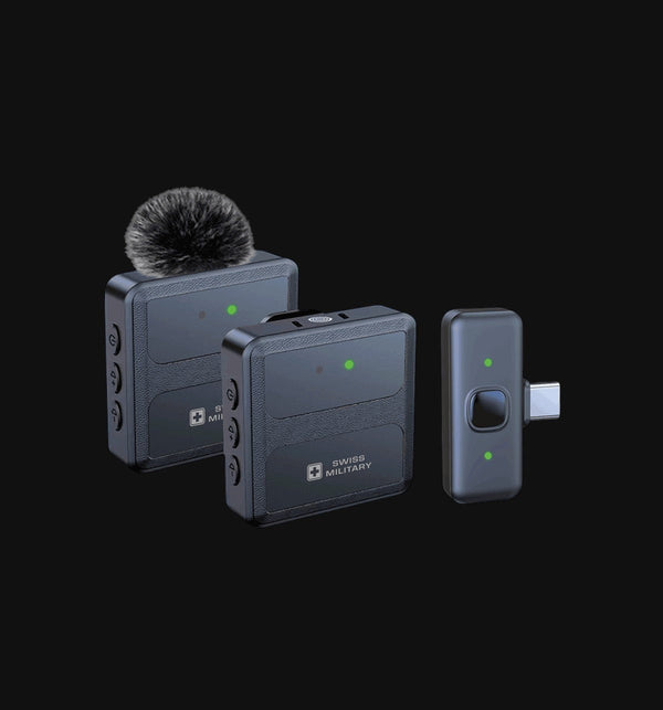 Swiss Military Audio SWISS WIRELESS MIC set with two black transmitters and one USB-C receiver. Features noise cancellation.