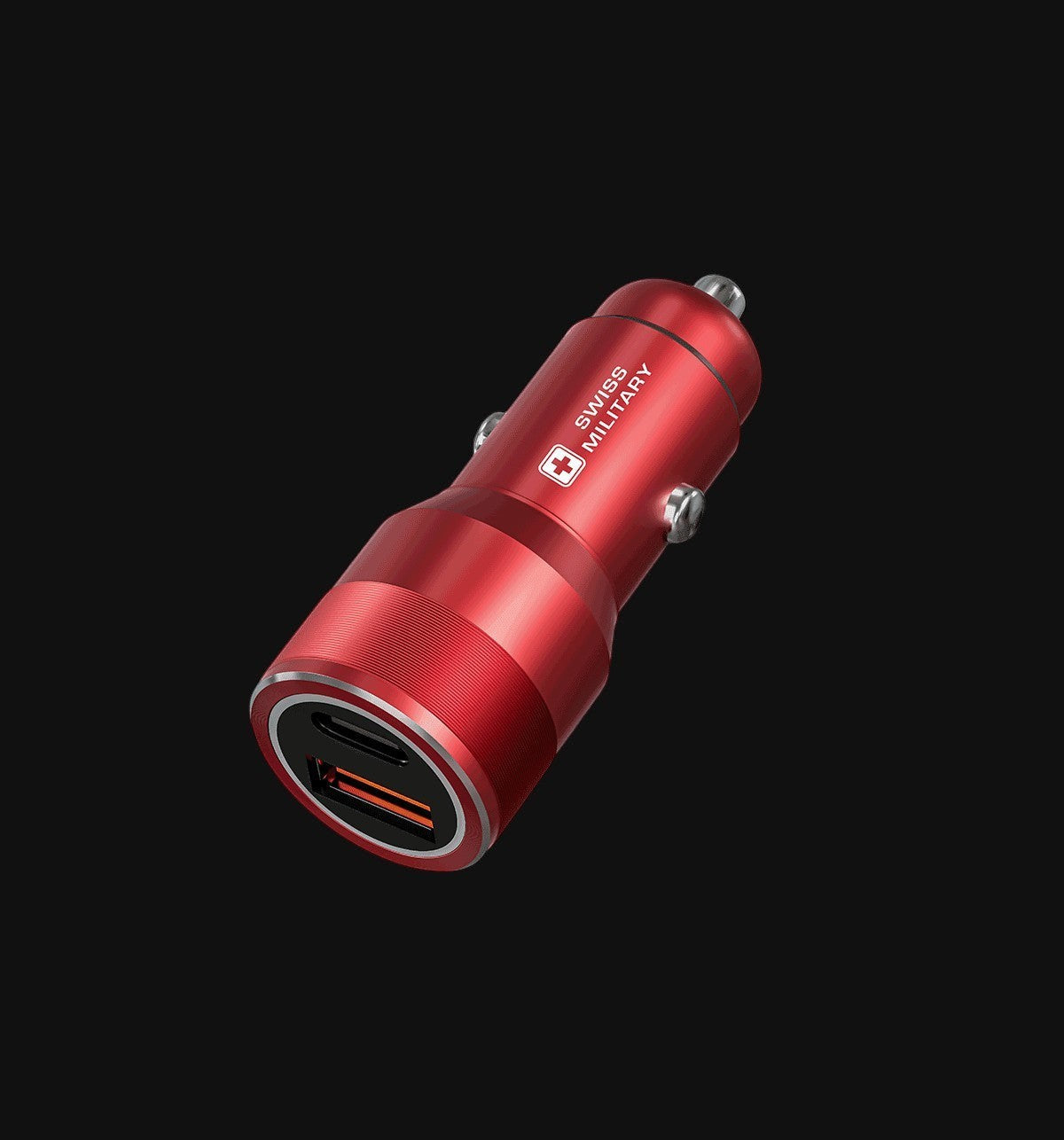 Swiss Military ZAP 65+ red dual port car charger with USB A and Type C ports. Quick charge, compact design.