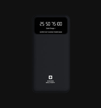 Swiss Military ELECTRA 10K/A black 10000 mAh Li-Polymer power bank with LED percentage indicator and fast charge.