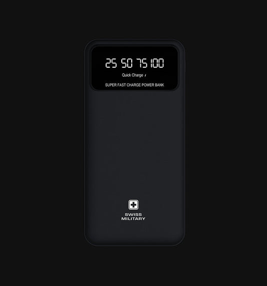 Swiss Military ELECTRA 10K/A black 10000 mAh Li-Polymer power bank with LED percentage indicator and fast charge.
