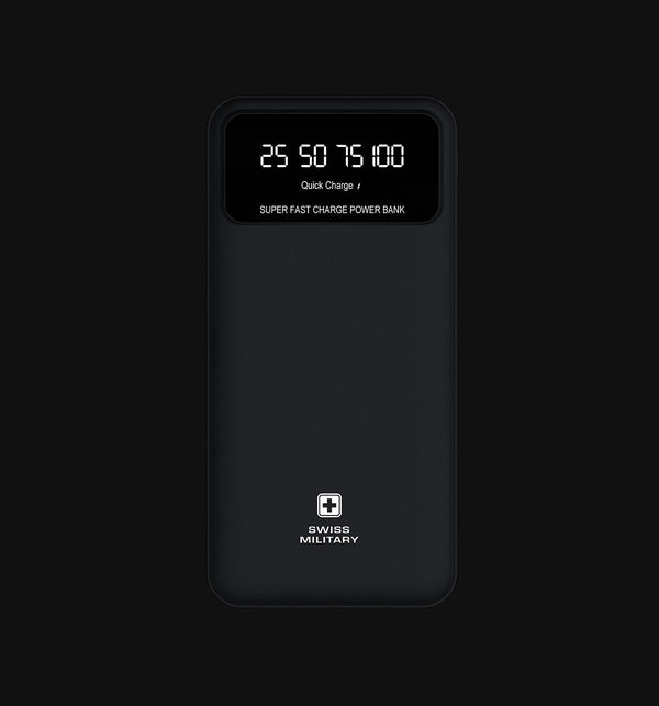 Swiss Military ELECTRA 10K/A black 10000 mAh Li-Polymer power bank with LED percentage indicator and fast charge.