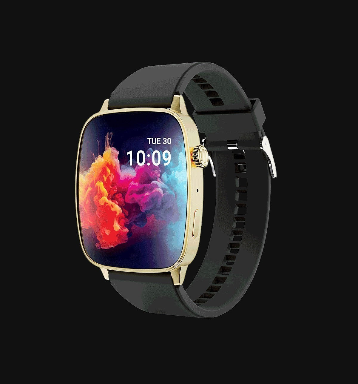 Swiss Military VEGA PRO smartwatch with a gold zinc alloy case, black silicone band, and 2.04 inch AMOLED screen displaying time.