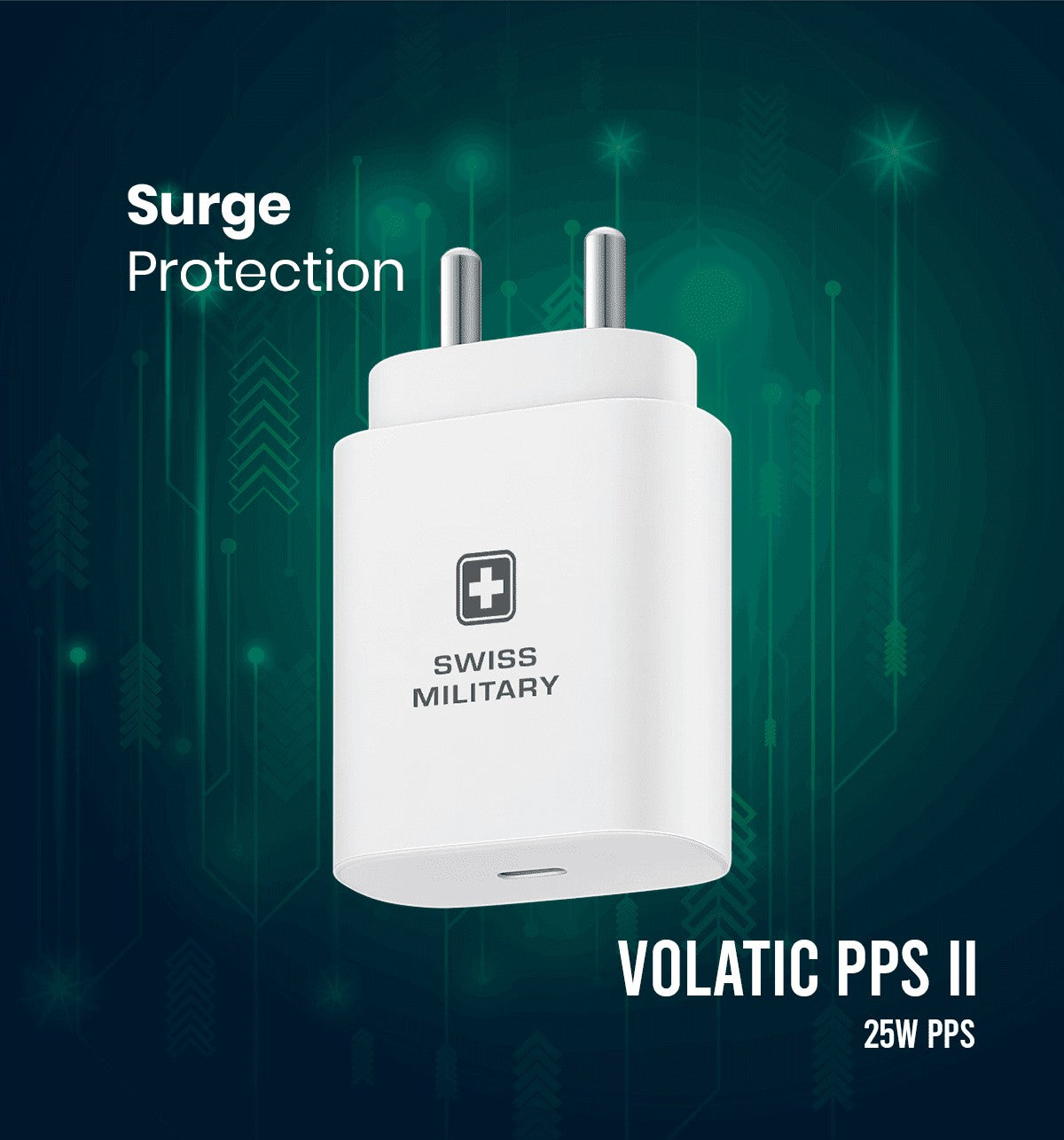 Swiss Military Volatic PPS II 25W USB-C PD fast charger with surge and short circuit protection.
