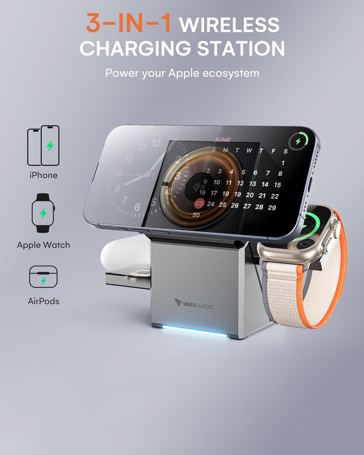 Vaku Luxos ® 3-in-1 Gyro Charge 23W Magnetic Wireless MagSafe Charger for iPhone, AirPods & iWatch Series